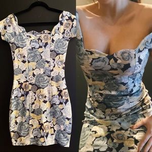 Vintage 90s Blue Floral Body Con Dress